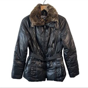 Marc New York Down Puffer Black Rabbit Fur Collar Belted